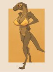 anthro big_breasts bikini breasts camel_toe clothed clothing eyewear feathers female gold_bikini hands_on_hips huge_breasts jewelry navel necklace nipple_outline nipples non-mammal_breasts non-mammal_navel non-mammal_nipples solo sunglasses swimwear two-piece_swimsuit zagz golden_week jayda_(zagz) dinosaur feathered_dinosaur feathered_scalie prehistoric_species reptile scalie theropod tyrannosaurid tyrannosauroid tyrannosaurus tyrannosaurus_rex hi_res