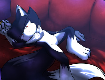bigtail chest_fur detailed_background fluffy fluffy_tail fur furniture light lying lying_on_sofa male moonlight multicolored_body multicolored_fur nude on_sofa red_eyes sofa solo steam tail tired xxkenthewolfxx sega sonic_the_hedgehog_(series) fan_character kenthewolf canid canine canis mammal wolf absurd_res hi_res shaded soft_shading