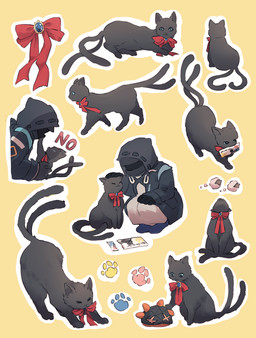 2_tails ambiguous_gender armor black_body black_fur bow_tie clothing duo eyes_closed feral fur gloves handwear headgear headpat helmet hood jacket kneeling looking_up male multi_tail simple_background sitting smile stretching tail text topwear lari_lab arknights hypergryph studio_montagne doctor_(arknights) miss_christine_(arknights) domestic_cat felid feline felis human mammal 2025 digital_media_(artwork) english_text female_(lore)