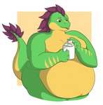 2020 4_fingers anthro belly bent_arm beverage big_belly candy chocolate colored container cup dessert digital_drawing_(artwork) digital_media_(artwork) dinosaur feathered_crest feathers fingers food green_body green_scales green_tail half-length_portrait head_crest hi_res holding_beverage holding_container holding_cup holding_food holding_marshmallow holding_mug holding_object hot_chocolate long_tail male male_anthro moobs mug multicolored_body multicolored_scales nude_anthro nude_male obese obese_anthro obese_male overweight overweight_anthro overweight_male pink_tongue portrait prehistoric_species purple_body purple_feathers purple_tail_tuft reptile scales scalie shaded simple_background simple_shading smile solo square standing striped_body striped_scales stripes tail tail_tuft theannoyingnpc theropod thick_thighs thin_eyebrows tongue tongue_out troodon troodon_(character) troodontid tuft two_tone_body two_tone_scales yellow_body yellow_eyes yellow_scales yellow_stripes yellow_tail