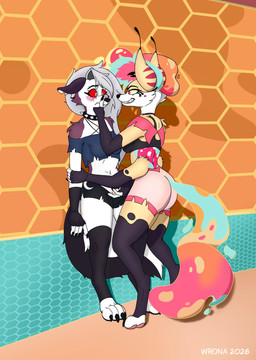 4_arms anthro blush bottomless bottomless_anthro bottomless_female bottomwear bra bra_only breasts butt clothed clothing duo eye_contact feet female female/female fingering fingering_partner fingers fur genitals hair hand_on_muzzle looking_at_another multi_arm multi_limb red_sclera sex shorts smile standing tail toes topwear underwear underwear_only vaginal vaginal_fingering vulva white_body white_fur wroniasty hellaverse helluva_boss mythology loona_(helluva_boss) queen_bee-lzebub_(helluva_boss) arthropod canid canid_demon canine canis demon fox hellhound hybrid insect mammal mythological_canine mythological_creature absurd_res digital_media_(artwork) hi_res