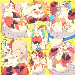 2_fingers 3_toes ambiguous_gender anthro awkward belly big_belly chest_tuft claws cute_fangs embarrassed fangs feet fingers fur happy heart_symbol red_body red_fur simple_background slightly_chubby smile solo tail tan_body tan_fur teeth text toes tuft yellow_background night_owl_zz nintendo pokemon generation_3_pokemon human mammal pokemon_(species) zangoose 1:1 2025 hi_res japanese_description japanese_text