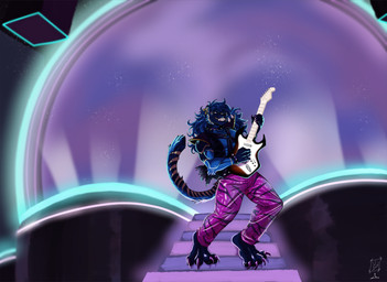 anthro belt blue_body blue_fur blue_hair bottomwear claws clothing collar ear_piercing ear_ring electric_guitar fur guitar hair male muscular muscular_male musical_instrument pants piercing playing_guitar playing_music plucked_string_instrument ring_piercing smile solo spiked_collar spikes stairs string_instrument striped_body stripes tail topwear vest lazaxus drake_lewis felid mammal pantherine tiger absurd_res hi_res