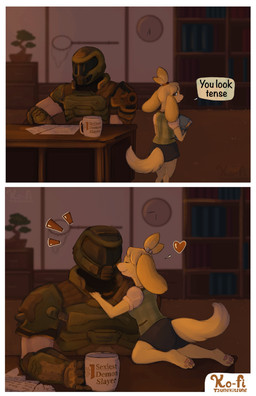 accessory anthro bonsai bookshelf brown_eyes clock coffee_mug comic_panel desk dialogue dipstick_tail duo female floppy_ears fur furniture hair hair_accessory hair_tie heart_symbol male male/female markings office pawpads pink_pawpads plant secretary table tail tail_markings text tied_hair wall_clock white_body white_fur yellow_body yellow_fur tsunekitsune animal_crossing doom_(series) id_software microsoft nintendo doom_slayer isabelle_(animal_crossing) canid canine canis domestic_dog human mammal shih_tzu toy_dog 2024 comic english_text