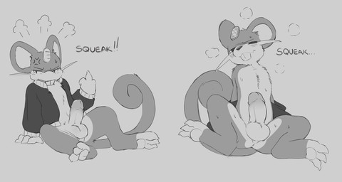 3_toes 4_fingers angry animal_noises anthro anus arm_support balls biped black_text blush blush_lines bodily_fluids bottomless bottomless_anthro bottomless_male buckteeth claws clothed clothed_anthro clothed_male clothing cross-popping_vein curled_tail erection feet finger_claws fingers fur genitals gesture glans half-closed_eyes hand_gesture humanoid_genitalia humanoid_penis jacket jacket_only leaning leaning_backward male male_anthro middle_finger mouth_closed narrowed_eyes open_clothing open_jacket open_topwear partially_clothed_anthro partially_clothed_male penis round_ears semi-anthro sitting solo spread_legs spreading steam sweat sweaty_chest sweaty_legs tail teeth text toe_claws toes topwear topwear_only undressing urethra whiskers miau nintendo pokemon tay_vee generation_1_pokemon mammal pokemon_(species) rattata rodent 2025 english_text greyscale hi_res monochrome