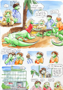 10_legs 3_toes 4_fingers aloha_shirt ambulance annoyed barefoot beach big_hands blonde_hair blue_eyes blue_sky bodily_fluids bottomless bottomless_taur brown_hair claws clothed clothing day dialogue doctor egg eyes_closed family feet female fingers furgonomics furniture gaping_mouth green_body grey_body group hair hand_on_head hand_on_shoulder hand_on_table hospital long_hair male multi_leg multi_limb necktie nervous nervous_sweat no_sclera open_mouth orange_eyes outside palm_tree pattern_clothing pattern_shirt pattern_topwear plant plotting shirt shrub sitting sky speech_bubble surprised sweat table tail tapering_tail text toes topwear tree cervelet dr._jack_(growing_troubles) james_(growing_troubles) liz_(growing_troubles) maria_(growing_troubles) simon_(growing_troubles) lizard lizard_taur long_taur reptile reptile_taur scalie scalie_taur taur 2017 absurd_res comic english_text handwritten_text hi_res multiple_scenes painting_(artwork) shaded traditional_media_(artwork) traditional_painting_(artwork) traditional_watercolor_(artwork) watercolor_(artwork) daughter_(lore) father_(lore) father_and_child_(lore) father_and_daughter_(lore) mother_(lore) mother_and_child_(lore) mother_and_daughter_(lore) mother_and_father_(lore) parent_(lore) parent_and_child_(lore) parent_and_daughter_(lore)