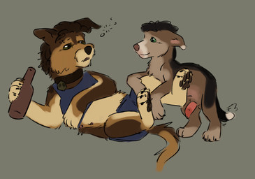 age_difference alcohol animal_genitalia balls beer beverage clothed clothing collar drunk duo erection female feral fur genitals hair holding_beer lying male male/female nude on_back penis simple_background size_difference smile substance_intoxication tail tail_motion tailwag topwear young younger_male puppyratcat canid canine mammal