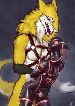anthro barcode blue_eyes bulge chastity_bulge chastity_device clothing duo fondling forked_tongue fur grope harness latex latex_clothing latex_skinsuit lock_bulge lock_symbol male male/male null_bulge open_mouth open_smile skinsuit smile thrusting tight_clothing tongue tongue_out wearing_chastity_device yellow_body yellow_fur lynxwolf2 avian bird flamingo sergal hi_res