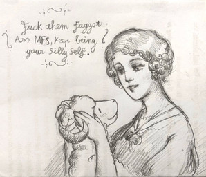 anthro blush blush_lines clothed clothed_female clothed_human clothing dialogue duo ears_down eye_contact female fur hair hand_on_head homophobic_slur horn looking_at_another looking_at_partner male male/female pivoted_ears slur smile smiling_at_another smiling_at_partner text wool_(fur) reynard_goodfellow reynard_the_baa bovid caprine human mammal sheep monochrome