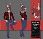 5_fingers anthro antlers biped blue_eyes bottomwear clothed clothing countershade_fur countershade_neck countershade_tail countershading eyebrows eyes_closed fingers fur hooves horn male pants scut_tail short_tail smile solo tail text linkscape morgan_(linkscape) deer mammal english_text model_sheet