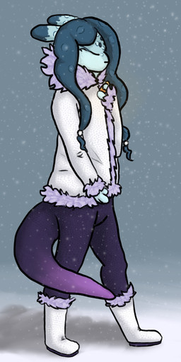 accessory ambiguous_gender anthro boots bottomwear clothed clothing footwear fur gem hair hair_accessory jacket markings pants pearl_(gem) scale_markings scales shoes snow solo spots spotted_markings topwear dreamingofcake rain_world videocult saint_(rain_world) slugcat slugcat_humanoid absurd_res hi_res