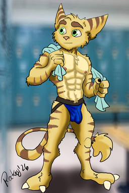 abs anthro bulge clothed clothing detailed_bulge eyebrows fur green_eyes jockstrap jockstrap_only male muscular muscular_male nude solo stripes tail topless underwear underwear_only yellow_body yellow_fur rockeythelombax ratchet_and_clank sony_corporation sony_interactive_entertainment ratchet_(ratchet_and_clank) lombax mammal 2026 digital_media_(artwork) hi_res