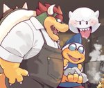 anthro appliance apron blush bodily_fluids casual_clothing clothed clothing cooking cooking_pot dripping drooling eyewear fire fully_clothed glasses group male pan saliva saliva_drip saliva_string shirt stove tongue tongue_out topwear white_clothing white_shirt white_topwear garouzuki girl_staring_at_man's_chest mario_bros nintendo bowser kamek boo_(mario) koopa magikoopa reptile scalie