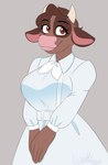 anthro belt big_breasts blue_clothing blue_dress breasts brown_body brown_eyes brown_fur clothed clothing dress eyelashes female fur grey_background head_tuft horn huge_breasts looking_at_viewer simple_background smile solo tuft wide_hips paeonypetals bovid bovine cattle mammal absurd_res hi_res