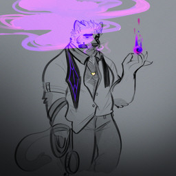 anthro arm_tuft barazoku cigar cigar_in_mouth closed_smile clothed clothed_anthro clothed_male clothing collared_shirt elbow_tuft fully_clothed fully_clothed_anthro fully_clothed_male gradient_background holding_leash holding_object jacket jewelry leash magic male male_anthro mouth_closed necklace object_in_mouth pecs purple_smoke shirt simple_background smile smoke smoking solo tail topwear tuft melaisen amihan_(melaisen) demon domestic_cat felid feline felis mammal 1:1 2026 absurd_res digital_drawing_(artwork) digital_media_(artwork) hi_res partially_colored portrait three-quarter_portrait