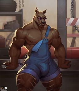 abs anthro aroused aroused_face aroused_male aroused_smile backlighting barazoku beckoning bedroom_eyes biceps big_bulge big_muscles big_pecs blue_clothing blue_overalls brown_body brown_eyes brown_fur bulge car chain clothing erection erection_under_bottomwear erection_under_clothing erection_under_pants eyewear fangs fangs_bared flirting flirting_look flirting_with_viewer fur furniture garage gas_can gesture grin grinning_at_viewer inviting inviting_to_sex inviting_viewer leaning leaning_backward leaning_on_table light looking_at_viewer male manly markings mechanic mechanic_outfit muscular muscular_anthro muscular_arms muscular_male muscular_thighs narrowed_eyes nipples offering_sex offering_to_viewer overalls pecs pose presenting presenting_body presenting_bulge presenting_chest purple_eyewear purple_sunglasses red_car seducing_viewer seductive shadow showing_off_muscles smile smiling_at_viewer smirk smirking_at_viewer solo standing striped_body striped_fur striped_markings stripes sunglasses table teeth thick_arms thick_thighs tire toolbox tools vehicle wearing_sunglasses wrench nexus dieff_(nexus) hyaenodon hyaenodontid mammal hi_res lighting