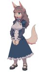 alternative_fashion anthro breasts brown_hair classic_lolita clothing dress female footwear frilly frilly_clothing green_eyes hair j-fashion juliet_sleeves lolita_(fashion) shoes simple_background smile solo standing white_background ninokkkwolf canid mammal 2022 hi_res