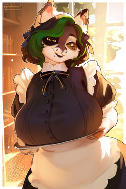 anthro biped breasts clothed clothed_anthro clothed_female clothing female front_view fur hair inside looking_at_viewer piercing smile solo standing text window hackainax domestic_cat felid feline felis mammal hi_res url