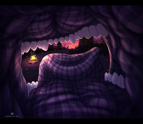 black_bars campfire curled_tongue dragon_plushie fabric feral male open_mouth plaid plushie reverse_mouth_shot solo sunset teeth tongue vore charu mythology milo_(charu) animate_inanimate dragon living_plushie mythological_creature mythological_scalie scalie hi_res letterbox watermark