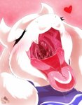 abstract_background anthro blush bodily_fluids breasts buccinator close-up clothed clothing eyes_closed fangs female fluffy_ears fur gaping_mouth heart_symbol horn mouth_shot open_mouth palate presenting_mouth saliva solo teeth throat tongue tongue_out topwear uvula white_body white_fur memento~mori undertale undertale_(series) toriel boss_monster_(undertale) bovid caprine mammal bust_portrait digital_media_(artwork) hi_res portrait