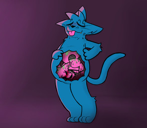 ambiguous_gender anthro blush bodily_fluids duo fur hair male male/male nude oral_vore simple_background smile submissive submissive_male tail tongue vore canguuro canid canine canis domestic_cat domestic_dog felid feline felis mammal hi_res