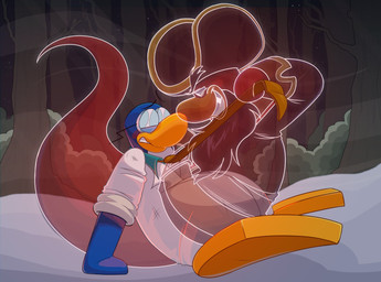 anthro blue_body blue_fur clothing duo eyewear fur glasses hat headgear headwear male outside plant shirt snow topwear tree white_clothing white_shirt white_topwear misplacedpaws_(artist) club_penguin captain_rockhopper gary_the_gadget_guy avian bird ghost penguin spirit hi_res