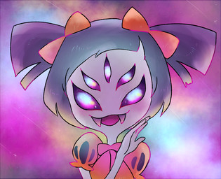 accessory black_hair bow_ribbon bow_tie clothed clothing cosmic_background fangs female front_view glistening glistening_eyes gradient_background hair hair_accessory hair_bow hair_ribbon juliet_sleeves looking_at_viewer open_mouth open_smile pigtails purple_background purple_body ribbons short_hair simple_background simple_eyes smile solo teeth pokunchan undertale undertale_(series) muffet animal_humanoid arachnid arachnid_humanoid arthropod arthropod_humanoid humanoid spider_humanoid 2016 bust_portrait digital_drawing_(artwork) digital_media_(artwork) hi_res portrait