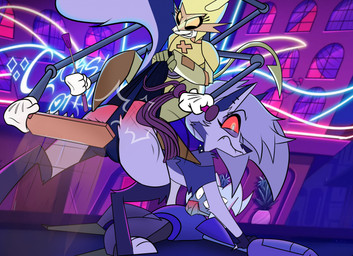 anthro blush butt butt_slap duo female paddle paddling pain red_eyes slap spank_marks spank_marks_on_ass spanked_butt spanking spanking_paddle surprised wedgie lev0on hellaverse helluva_boss mythology collin_(helluva_boss) keenie_(helluva_boss) loona_(helluva_boss) angel bovid canid canid_demon canine canis caprine demon hellhound humanoid mammal mythological_canine mythological_creature sheep hi_res