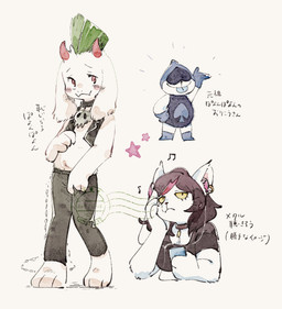 adolescent alternative_fashion anthro belly blue_tongue blush blush_lines blush_stickers clothed clothed_anthro clothed_female clothing ear_piercing ear_ring female female_anthro fully_clothed fully_clothed_anthro fully_clothed_female fur group horn japanese_translation_request male male_anthro mohawk navel piercing pink_blush punk ring_piercing shirtless shirtless_anthro shirtless_male slightly_chubby text tongue tongue_out topwear trio vest white_body white_fur young young_anthro young_male zunda_e_damame deltarune undertale_(series) catti_cattenheimer lancer_(deltarune) ralsei bovid caprine domestic_cat felid feline felis goat mammal 2025 dated hi_res japanese_text painting_(artwork) translation_request watercolor_(artwork)