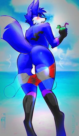 anthro assisted_exposure balls beach beverage birthmark blue_body blue_fur blush butt embarrassed fur genitals green_eyes holding_beverage holding_object male markings nude pantsing rear_view sea solo water gamibri indigo_(indigoblaze) canid canine fox mammal hi_res