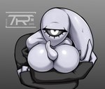 between_breasts big_breasts breasts clothed clothing crossed_arms female gradient_background grey_background not_furry simple_background solo teaspoon cyclops humanoid