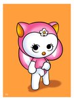 anthro border clothing clothing_aside female flower_on_head fur genitals mouthless orange_background pink_body pink_fur pussy simple_background solo standing white_body white_border white_fur konami_yung sanrio pink_no_corisu mammal rodent sciurid tree_squirrel