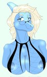 anthro areola big_areola big_breasts blonde_hair blue_body blue_eyes blue_scales breasts clothing eyelashes eyewear female fishnet_clothing fishnet_topwear glasses hair looking_at_viewer multicolored_body multicolored_scales nipples scales simple_background smile snout solo topwear two_tone_body two_tone_scales nuar_come_mundos cavemanon_studios snoot_game fan_character zephyr_(op_gero) dinosaur hadrosaurid ornithischian ornithopod parasaurolophus prehistoric_species reptile scalie 2024 digital_drawing_(artwork) digital_media_(artwork) hi_res