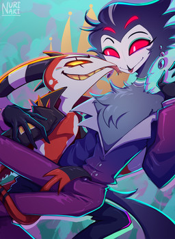 4_eyes anthro black_clothing black_eyebrows black_horn black_tail black_topwear blep bottomwear clothed clothing duo eyebrows feathers fingers grey_body grey_feathers horn multi_eye multicolored_body multicolored_skin pants red_body red_skin red_tail spade_tail tail teeth tongue tongue_out topwear white_body white_horn white_skin yellow_teeth nurinaki avian bird demon imp owl owl_demon hi_res