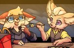 anthro cafe_(coffeefly) canid canine clothed clothing dress_shirt eyewear fennec_fox fox freckles gingy_(gingy_k_fox) gingy_k_fox glasses hoodie mammal shirt topwear true_fox vest