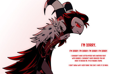 anthro black_body black_fur black_hair bodily_fluids carrying_another clothing crying dialogue duo eyes_closed formal_clothing formal_wear frown fur hair horn hug male piggyback red_eyes red_text sad short_hair simple_background standing tears text white_background white_face teathekook hellaverse helluva_boss blitzo_(helluva_boss) stolas_(helluva_boss) avian bird imp owl owl_demon english_text hi_res