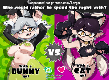 :3 areola big_breasts blush blush_lines breasts cat_lingerie clothing costume duo eyelashes fake_cat_ears fake_ears fake_rabbit_ears female humanoid_pointy_ears light_body light_skin lingerie long_eyelashes nipple_outline not_furry pasties piercing pointy_ears pseudo_hair reverse_bunny_costume tentacle_hair tentacles text gm_laz nintendo splatoon callie_(splatoon) marie_(splatoon) aquatic cephalopod humanoid inkling mollusk english_text hi_res url