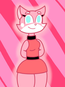anthro blue_eyes breasts clothed clothing dress female fur looking_at_viewer pattern_background pink_background pink_body pink_clothing pink_dress pink_fur simple_background smile smiling_at_viewer solo striped_background white_body white_fur super_planet_dolan shima_luan domestic_cat felid feline felis mammal 2021 3:4