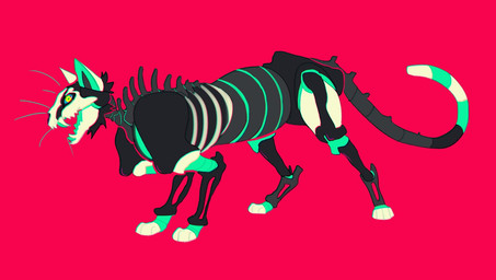ambiguous_gender black_body bone fangs feral green_body green_sclera open_mouth red_background side_view simple_background skull solo teeth unsigned whiskers white_body yellow_eyes justkiddinb felid mammal full-length_portrait portrait