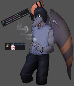 alternative_fashion anthro biped black_body black_bottomwear black_clothing black_hair black_pants black_scales bottomwear bracelet cigarette clothed clothed_anthro clothed_male clothing emo fingers front_view frown grey_background grey_body grey_clothing grey_scales grey_shirt grey_topwear hair hair_over_face hand_in_pocket holding_cigarette holding_object humanoid_hands jewelry looking_aside male medium_hair orange_body orange_scales pants pockets scales scar shirt simple_background smoke smoking solo standing tank_top text topwear wings yellow_eyes toad14 cavemanon_studios discord_(app) goodbye_volcano_high i_wani_hug_that_gator mia_moretti naser_(gvh) dinosaur hadrosaurid ornithischian ornithopod parasaurolophus prehistoric_species pterodactylus pterosaur reptile scalie artist_name colored portrait three-quarter_portrait