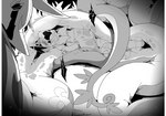 abdominal_bulge ambiguous_gender comic duo eeveelution feral fully_inside generation_1_pokemon generation_5_pokemon grass group monochrome nintendo open_mouth plant pokemon pokemon_(species) reptile scalie serperior snake vaporeon vore winte