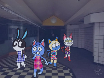 female group liminal_spaces question_mark scared scared_face walking wide_eyed worried crazoticmadness animal_crossing nintendo dotty_(animal_crossing) mitzi_(animal_crossing) olivia_(animal_crossing) rosie_(animal_crossing) domestic_cat felid feline felis mammal 4:3 hi_res