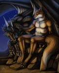 anthro cave duo feral lying membrane_(anatomy) membranous_wings night nude sitting tail wings rinienne mythology canid canine dragon fox mammal mythological_creature mythological_scalie scalie