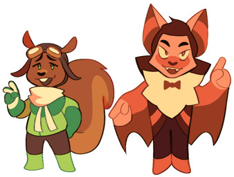 ambiguous_gender anthro aviator_cap aviator_goggles biped boots bottomwear bow_tie brown_body brown_fur cape clothed clothed_anthro clothing duo eyebrows fangs footwear fully_clothed fully_clothed_anthro fur furgonomic_headwear furgonomics gesture gloves green_clothing green_eyes green_gloves green_handwear hair hand_gesture handwear jacket lineup open_mouth open_smile pants raised_finger scarf shoes simple_background smile standing teeth topwear v_sign white_background astrobark foodfight! daredevil_dan vlad_chocool bat mammal rodent sciurid tree_squirrel vampire digital_drawing_(artwork) digital_media_(artwork) english_description full-length_portrait portrait male_(lore)