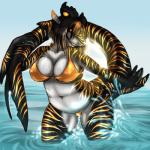 anthro big_breasts bikini breasts cleavage clothed clothing female hair horn navel non-mammal_breasts short_hair solo swimwear two-piece_swimsuit water wide_hips shikoyote fish marine shark 1:1 2014 hi_res