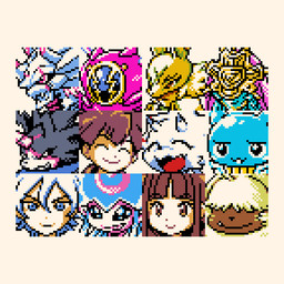 anthro black_body black_sclera female grin group hair hair_over_eyes male smile white_body rastadog77 bandai_namco digimon digimon_ghost_game hiro_amanokawa kiyoshiro_higashimitarai ruri_tsukiyono amphimon angoramon diarbbitmon digimon_(species) espimon gammamon gulusgammamon human humanoid jellymon mammal scalie siriusmon 1:1 digital_media_(artwork) headshot_portrait hi_res pixel_(artwork) portrait