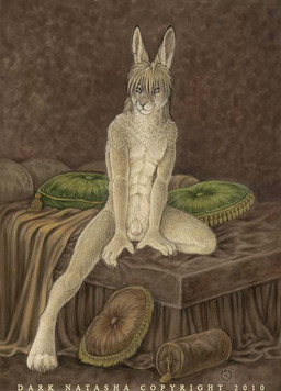 4_toes abs animal_genitalia anthro balls bed bedding biped blanket claws digitigrade feet flaccid foreskin fur furniture genitals hair humanoid_genitalia humanoid_penis kneeling long_ears looking_at_viewer male muscular muscular_anthro muscular_male nude nude_anthro nude_male penis penis_tip pillow sheath short_hair smile solo tail text toe_claws toes dark_natasha gabriel_(dark_natasha) lagomorph leporid mammal rabbit 2010 signature traditional_media_(artwork)