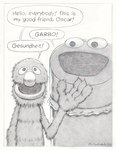 4_fingers anthro big_nose border dialogue duo fingers fur gesture male speech_bubble text trash_can waving waving_at_viewer white_border bruce_mccorkindale muppets pbs sesame_street grover_(sesame_street) animate_inanimate monster muppet 2022 english_text graphite_(artwork) hi_res signature traditional_media_(artwork)