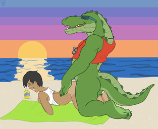 anal anal_penetration anthro anthro_penetrating anthro_penetrating_human anthro_penetrating_male back_muscles beach brown_hair butt clothing duo eyewear hair human_on_anthro human_penetrated interspecies larger_anthro larger_male lifeguard looking_pleasured male male/male male_on_anthro male_on_human male_penetrated male_penetrating male_penetrating_human male_penetrating_male muscular muscular_anthro muscular_male open_mouth outside pecs penetration penile penile_penetration penis_in_ass sand seaside sex sharp_teeth shirt size_difference smaller_human smaller_male smaller_penetrated sunglasses sunscreen sunset tank_top teeth topwear water whistle_(object) compfive alligator alligatorid crocodilian human mammal reptile scalie story story_in_description