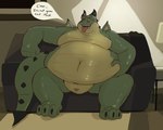 absurd_res anthro belly belly_grab big_belly dragon english_text european_mythology furniture genitals hi_res horn living_room looking_at_viewer male micropenis mythological_creature mythological_scalie mythology navel obese overweight penis scalie sitting small_penis sofa solo tail tcw text western_dragon